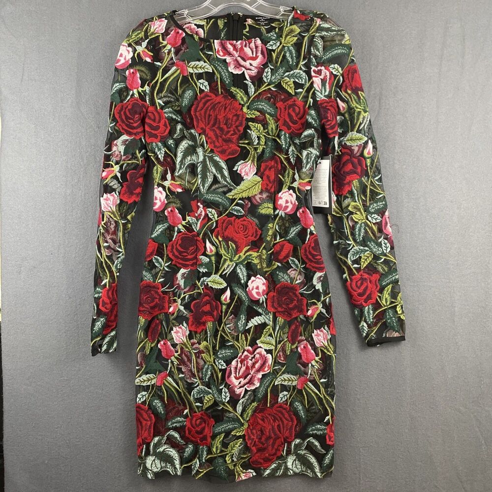 NWT Marciano by Guess Womens Green/Red Floral Embroidery Mini Dress Sz 2 READ